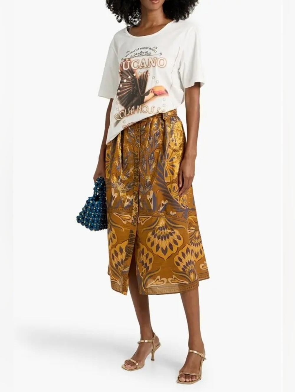 Farm Rio Metallic Mixed Print Cotton Blend Skirt – NWOT – Gold Multi – Size M